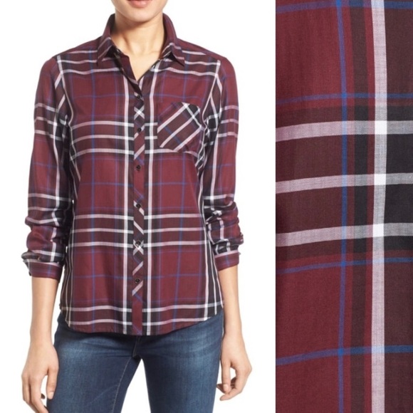 Foxcroft Tops - Foxcroft burgundy preppy plaid top shirt L14